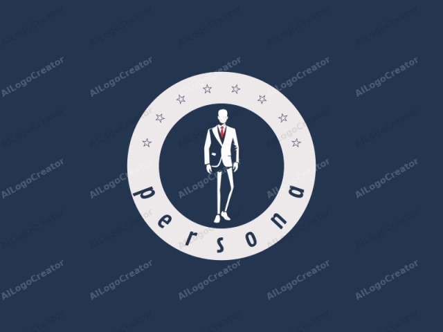 This is a stylized, vector graphic logo of a male figure set against a solid navy blue background. The figure is depicted in white and features a clean, minimalist design. The male figure is standing in a relaxed yet confident posture, facing forward