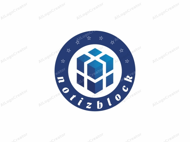 which features a stylized geometric shape. The image is a clean, minimalist logo composed of a cube made up of several smaller cube segments. Each cube segment is a solid blue, with the largest cube at the base having six segments, and the