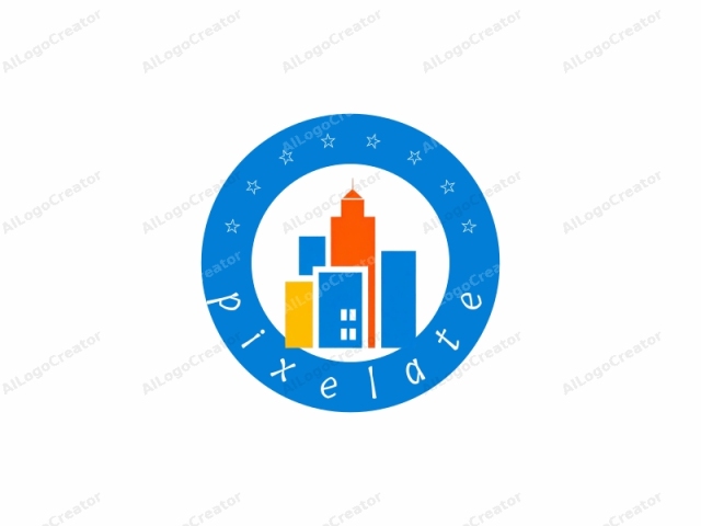 This logo, in a minimalist, modern style, features four distinct, geometric buildings in a stacked formation. The buildings are arranged from left to right, with each building representing a different color. The leftmost building is in yellow, followed by blue