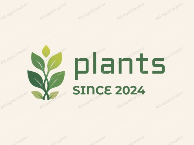 a stylized green plant with three leaves and a stem, set against a pale cream background. The plant's leaves are depicted in various shades of green, ranging from lighter, almost yellow-green tips to darker, more vivid green centers, giving the