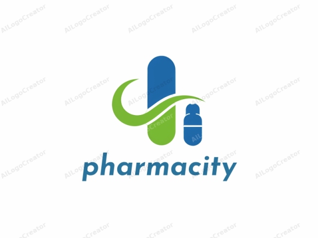 The image is a stylized, minimalist logo featuring two main colors: blue and green. The central element is a blue capsule or pill, representing pharmaceutical or medical products. It's depicted with a smooth surface and a cylindrical shape. To the right