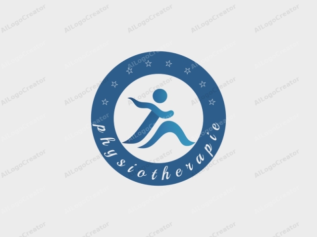 Das Logo ist ein minimalistisches, abstraktes Design mit einer stilisierten menschlichen Figur in Bewegung. Die Figur ist in einem Farbverlauf von Blautönen dargestellt, der von einem dunkleren Blau oben zu einem helleren Blau unten übergeht. Die Silhouette ist glatt und