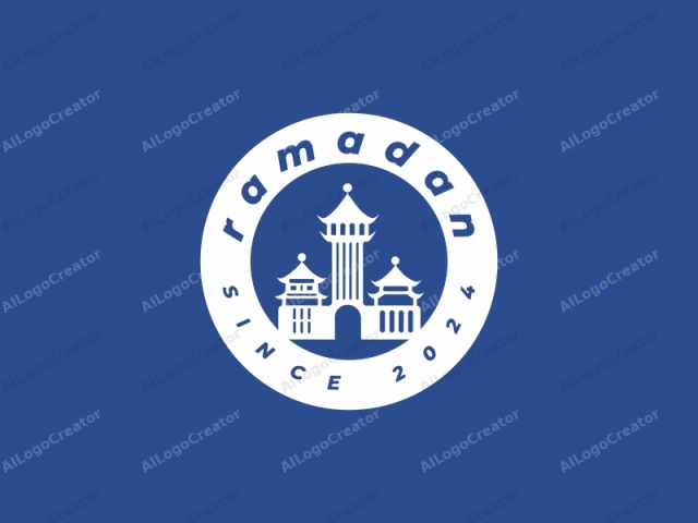 The image is a simple, white silhouette of a traditional East Asian building, likely inspired by Chinese or Korean architecture, against a solid royal blue background. The structure features multiple levels and a tall, central tower adorned with a finial at the top