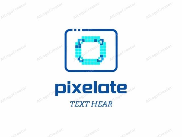The image features a minimalist logo composed of geometric shapes set against a white background. At the center, there is a square frame with a blue border. Within the square frame, there is a circular pattern composed of square pixels in shades of turquoise and