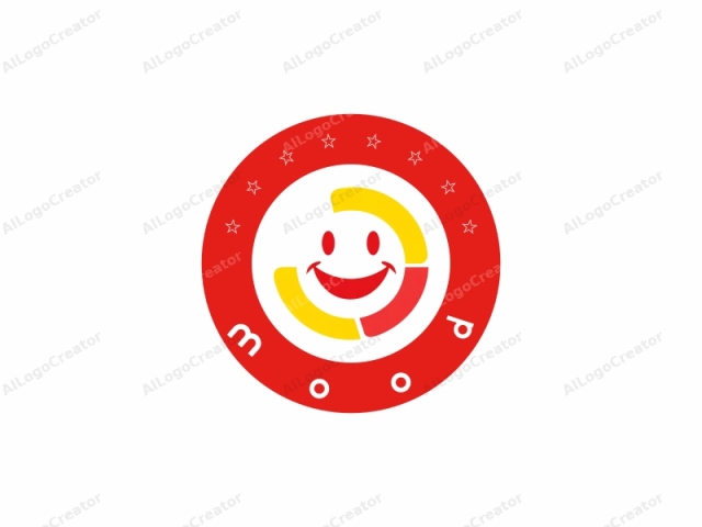 This is a digital logo consisting of a simple yet cheerful design. The main element is a wide smiley face with two round, black, and slightly raised dots representing eyes, and a red, curved, open-mouth smile. The face is surrounded