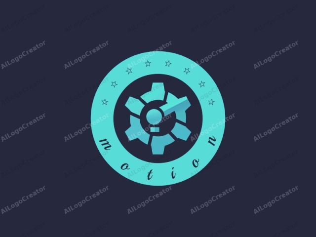 The image is a digital logo featuring a stylized gear design in a minimalist, modern aesthetic. The gear, prominently centered, consists of six triangular segments arranged in a circular formation. Each segment is a gradient of blue and teal hues, with a