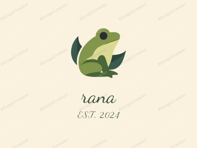 This is a minimalist logo of a cartoonish green frog with a simple design. The frog sits upright, facing forward, with a prominent dark, circular eye on its left side. Its body is a solid, vibrant green color, with darker green