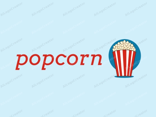 This is a digital drawing featuring a classic red and white striped popcorn bucket with a large amount of popcorn inside, depicted in a cartoon style. The bucket is positioned centrally and oriented with its handle pointing to the right, with the lid slightly lifted to