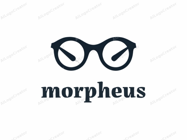 This is a minimalist logo of a pair of eyeglasses, depicted in a dark blue color on a stark white background. The eyeglasses are drawn in a simple, geometric fashion without any intricate detailing or shading, featuring large circular lenses and