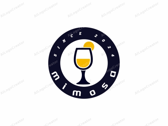 This is a minimalist logo design depicting a cocktail glass. The background is plain white, creating a clean and uncluttered look. The cocktail glass is filled with a yellow liquid and stands centrally on a dark blue stem, with a matching blue