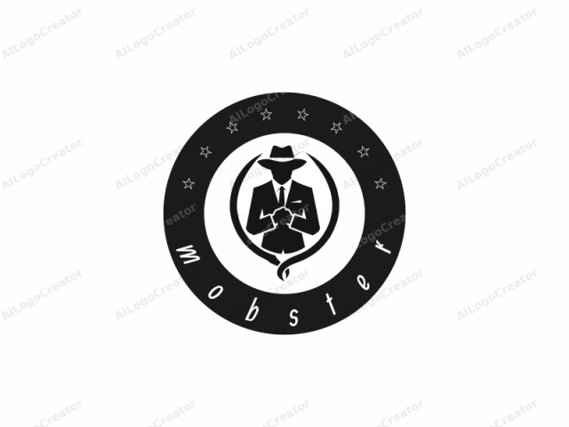 in black and white. This is a stylized logo depicting a male figure in a classic detective or spy persona. The figure is rendered in a minimalist, abstract manner, with clean lines and sharp edges. He stands central within a circular border, facing