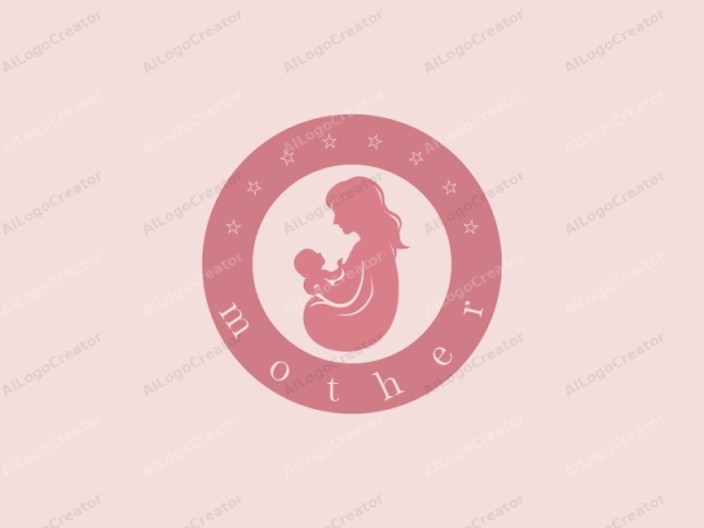 ein stilisiertes, minimalistisches Design. Dies ist eine digitale Zeichnung, die die Silhouette einer Frau zeigt, die ein Baby im Arm hält. Das Bild ist in einem weichen, gedämpften Rosaton vor einem blassen, neutralen Hintergrund dargestellt, was ihm ein beruhigendes und zartes Aussehen verleiht