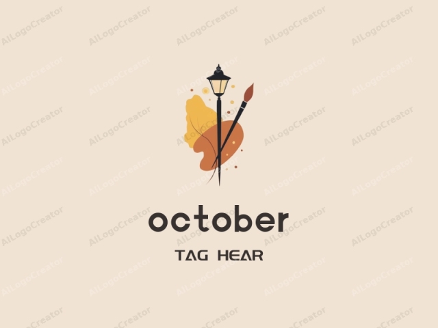 This is a minimalist digital illustration with a warm, autumnal color palette. The central subject is a black, vintage-style street lamp, designed with simple, clean lines and a pointed, decorative top. It stands vertically in the middle of the image