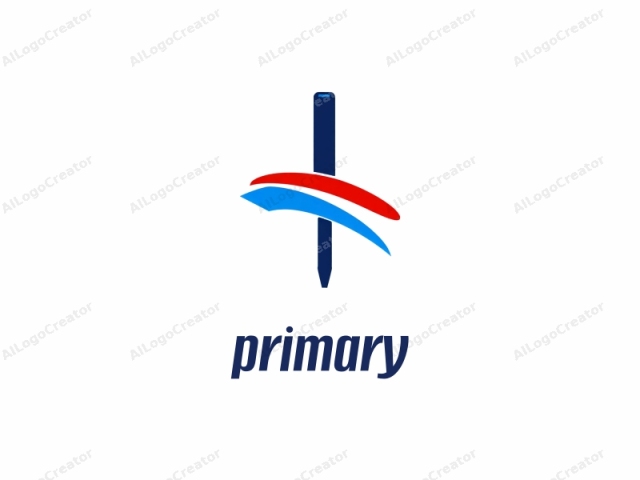 The logo is a minimalist and abstract design consisting of three elements: a tall, dark blue vertical rectangular shape resembling a stylized letter "I", positioned at the center of the image. Above the blue shape, there is a flowing red curved line