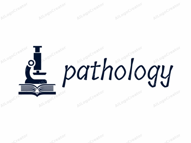 in black and white. This logo is a minimalist, monochromatic drawing in dark blue on a white background. The subject is a simplified, stylized microscope with a microplate. The microscope is depicted in a top-down view, with its body