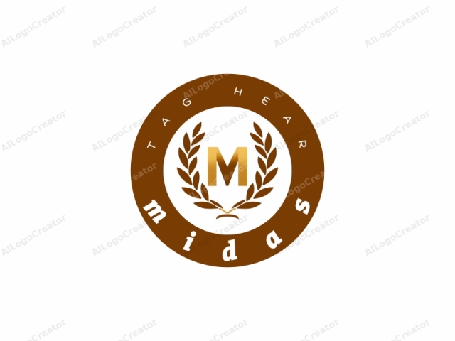 ein goldener, großgeschriebener Buchstabe "M" vor einem klaren, weißen Hintergrund. Dies ist ein minimalistisches, aber elegantes grafisches Logo mit einem kräftigen, goldenen "M" in der Mitte, das symmetrisch von zwei goldenen Lorbeerkränzen flankiert wird.