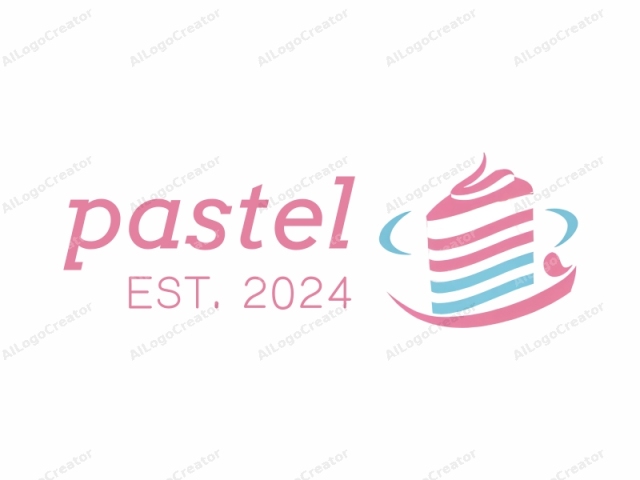 This is a minimalist logo featuring a stylized cake design. The cake is depicted in a modern, abstract manner with clean lines and flat colors. The cake is divided horizontally into five sections, each with alternating light blue and light pink stripes, giving