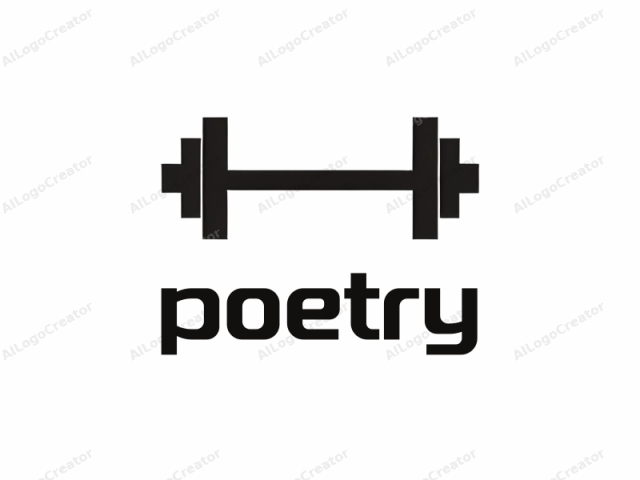 This is a simple, minimalist logo featuring a black silhouette of a barbell against a stark white background. The barbell is positioned horizontally, with two weights on either side, each resembling a dumbbell. The weights are symmetrically placed, with