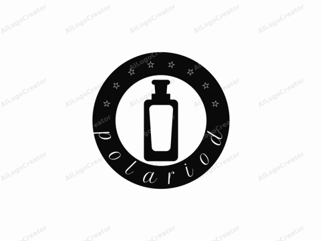 con un diseño minimalista y plano. Esta imagen de logo es una silueta simple y negra de una botella de perfume. La botella está orientada verticalmente y tiene una base rectangular con esquinas ligeramente redondeadas, estrechándose ligeramente hacia la parte superior. El cuello de la botella es