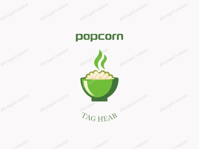 in a vector-based style. This is a clean, minimalist logo featuring a simple, stylized green bowl filled with beige rice. The bowl is depicted with smooth, rounded edges, showcasing a modern design. The rice inside is depicted with light beige hues