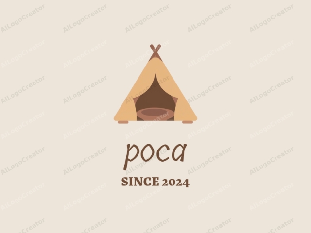 El logotipo es una ilustración simple y minimalista de un tipi de estilo nativo americano, con su icónica forma triangular. El tipi se representa en un estilo plano, similar a un vector, utilizando líneas limpias y suaves y una paleta de colores limitada. Está construido con