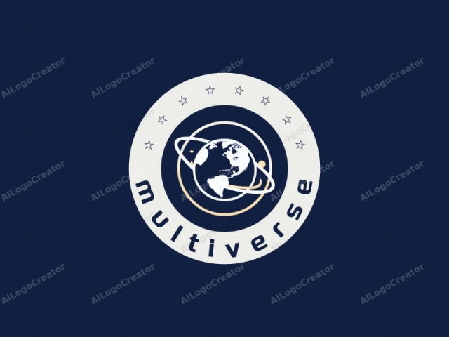 in a digital art style. The image depicts a stylized globe of the Earth, centered within a dark navy blue circle. The Earth is represented by white outlines of continents and a light beige outline of landmasses, against a dark blue background,