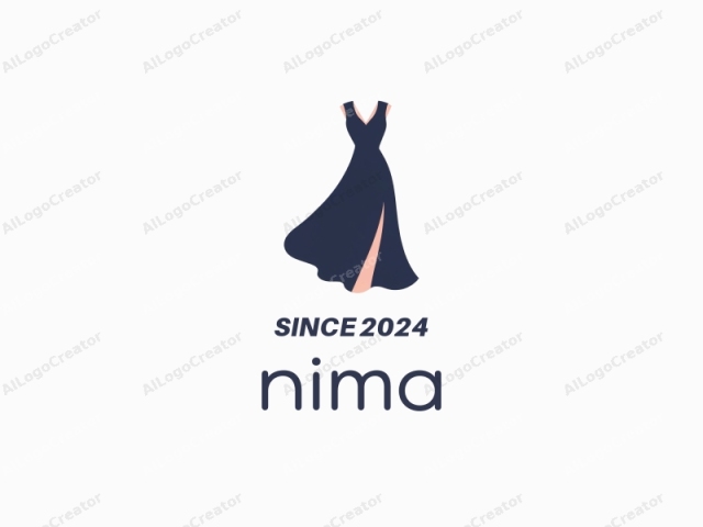 This image is a minimalist, vector-based drawing of a dress, showcasing a clean, modern design with no intricate details. The dress is portrayed in a dark navy blue, and features a deep V-neckline, sleeveless, and a high slit