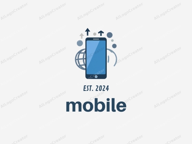 The image is a digital graphic designed in a minimalist style, depicting a smartphone and related elements. The smartphone is centrally positioned and dominates the image. It has a rectangular shape with a dark blue body and a glossy blue screen. The screen is blank