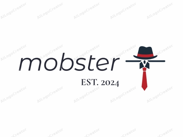 featuring a stylized, minimalist design. The image prominently showcases a dark blue fedora hat, centrally positioned and tilted slightly forward, with a red band circling the hat's base. The hat is adorned with a small, dark blue ribbon. Below