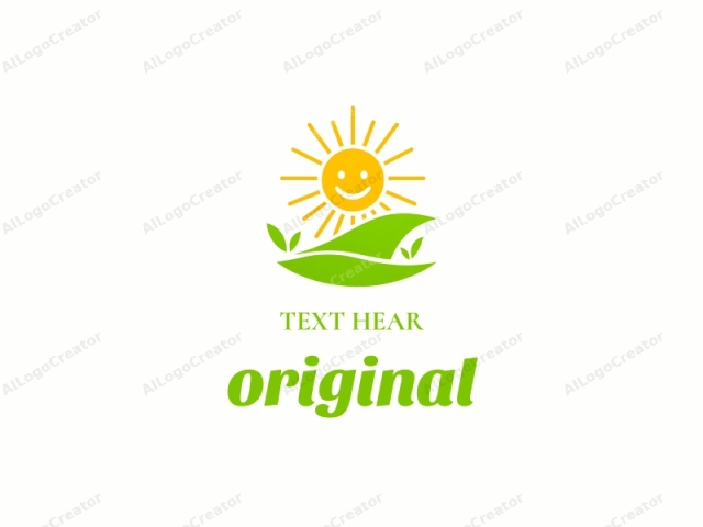 a sun. The logo is a simple, minimalist design consisting of a stylized sun and surrounding landscape elements. The sun is depicted at the center, with a bright yellow circle and a cheerful smiley face with two dots for eyes and a curved