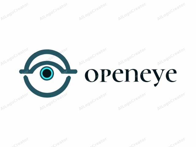 Este logotipo consiste en un diseño minimalista y abstracto que presenta un símbolo circular con una forma central similar a un ojo. El símbolo circular rodea la forma similar a un ojo, con un contorno grueso de color verde azulado. Dentro del círculo, hay una forma circular más pequeña