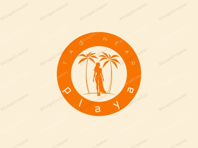 featuring a stylized silhouette of a woman against a plain, light beige background. The woman is depicted in a modern, minimalist design, using a limited color palette of bright orange and white. Her figure is outlined in orange, standing on a slight incl