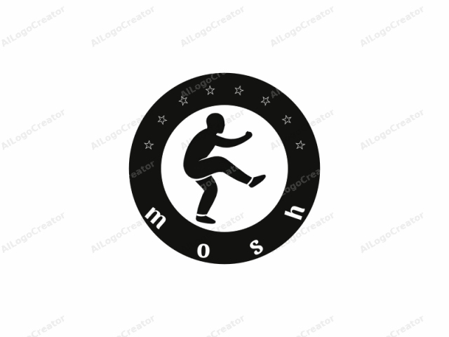 This image is a minimalist, black-and-white silhouette of a person in a dynamic pose. The figure is depicted in an upright stance, but with one leg lifted high and bent at the knee, as if in the act of kicking or jumping.