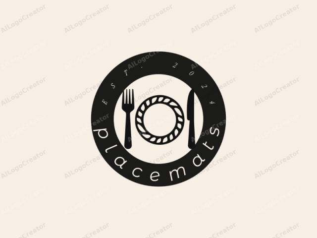 This minimalist black-and-white logo, devoid of text, features a stylized depiction of a dining setup. At the top left is a fork, its prongs pointing downward. At the top right is a knife, its blade facing downward and its