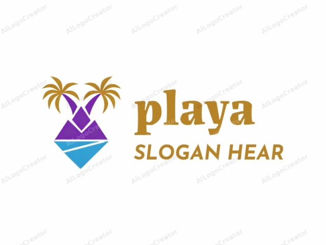 This is a logo featuring a stylized, simplified representation of a tropical beach scene. The main subject is a triangular shape that forms the island's silhouette. The triangle is divided into two distinct colors, purple at the top and blue at the bottom