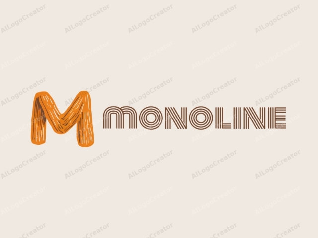 ภาพโลโก้มีตัวอักษร "M" ที่เป็นแบบสไตล์และนามธรรม ถูกแสดงด้วยสีส้มเข้มและสดใสบนพื้นหลังเบจอ่อนเรียบ ตัวอักษร "M" ถูกวาดด้วยเส้นหนาที่มีพื้นผิวคล้ายเชือกหรือชิ้นส่วน