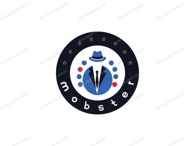 This is a stylized logo featuring a minimalist design with a central theme of secrecy and mystery. At the heart of the logo is a dark blue, silhouetted figure of a man wearing a black suit, white shirt, and black tie