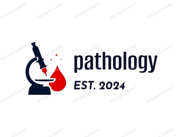 This image is a simple, vector-style illustration featuring a microscope and a drop of blood. The illustration consists of three main colors: blue, red, and white. The microscope is depicted in blue, with a classic design including a triangular head and