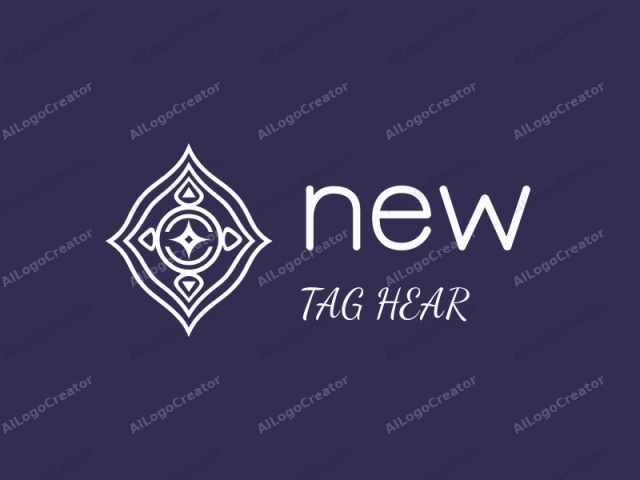 The logo is a symmetrical, geometric design in white against a dark purple background. The central motif resembles a stylized mandala with a diamond shape at the top and bottom. This diamond is flanked by two smaller diamonds at the top and