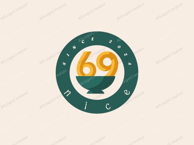 This image is a digital logo featuring a stylized representation of the number 69 in yellow and orange. At the center of the image is a simple, teal green bowl, slightly tilted to the right, filled with the number 69. The