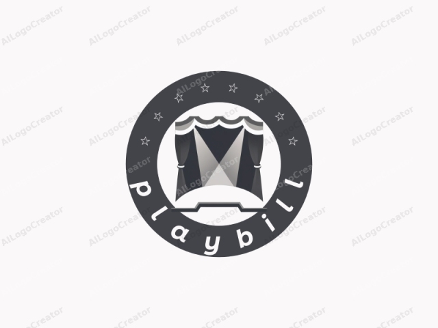The image is a monochromatic logo in shades of gray, designed in a minimalist, modern style. It depicts an abstract representation of a theatrical stage. At the top, the stage's proscenium arch is illustrated with two rounded curves