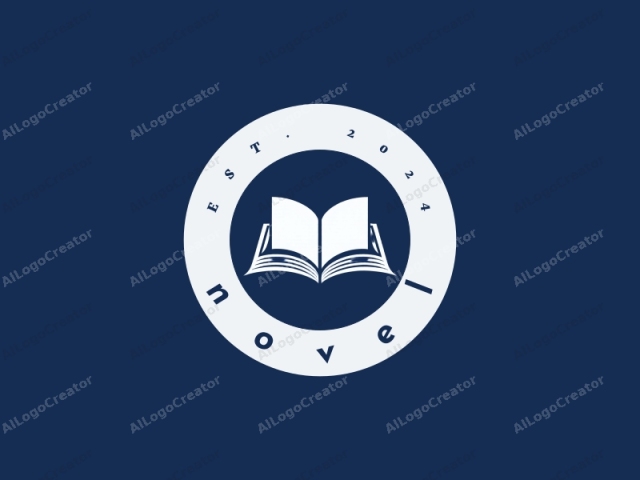 The image is a minimalist logo featuring a white silhouette of an open book set against a solid navy blue background. The book's cover is centered and symmetrically aligned, with two pages facing outward. The pages are smooth and curved, giving a sense