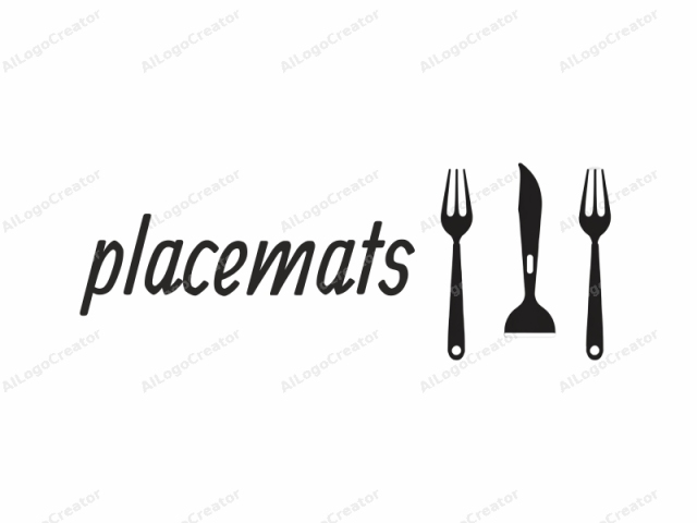 This logo is a minimalist, black-and-white illustration depicting three utensils: a fork on the left, a knife on the right, and a spoon in between them. The fork and spoon have three tines, while the knife is shown with