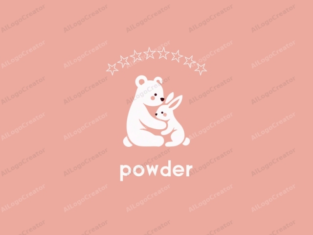 un oso y un conejo blancos sobre un fondo melocotón pastel. El logo presenta un diseño minimalista con líneas suaves y limpias y formas simples. El oso y el conejo están dibujados con un estilo de arte plano moderno, caracterizado por su color blanco sólido sobre el fondo.