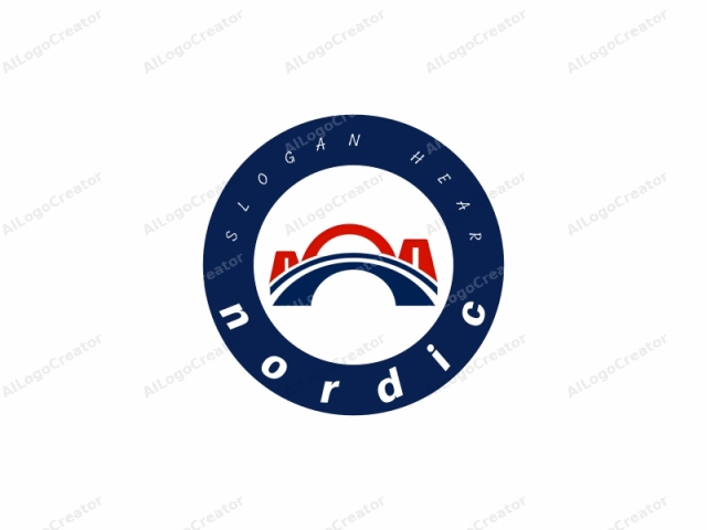 zeigt eine moderne und abstrakte Darstellung einer Brücke. Das Logo ist minimalistisch und geometrisch, mit klaren Linien und einer begrenzten Farbpalette. Das Design besteht aus zwei Hauptfarben: Rot und Marineblau. Der Hintergrund ist ein einfaches, solides Weiß, das eine