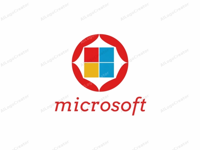 which features a simple, modern design. The logo comprises a large red circle in the center, with a symmetrical, stylized flower-like pattern surrounding it. The flower pattern consists of four large red, curving petals that are equally spaced and