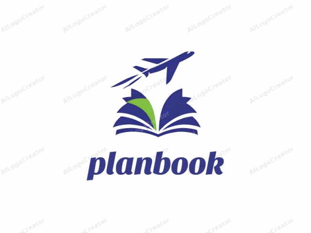 Das Bild ist ein digitales Grafiklogo mit einem minimalistischen Design. Die Hauptelemente sind ein blaues Flugzeug im Flug und ein blaues Buch, aus dessen Seiten ein grünes Blatt herausragt. Das Flugzeug, in einem vereinfachten Stil dargestellt, ist leicht nach