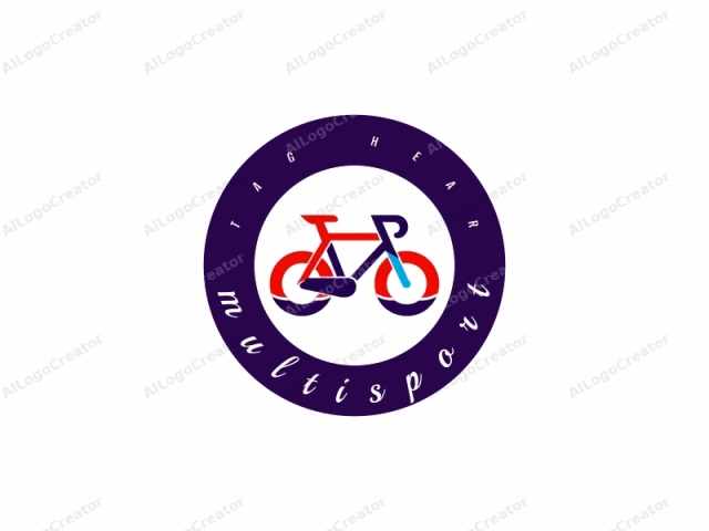 featuring an abstract, minimalist design of a bicycle. The bicycle is stylized and depicted using bold, clean lines, with minimal details. The frame is primarily colored in red and blue, with a touch of purple. The handlebars are red,