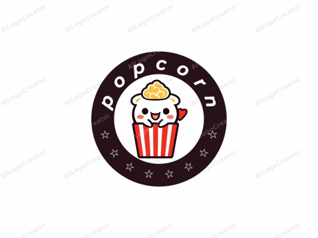 This is a simple, digital drawing featuring a cartoon-style character of a cute, anthropomorphic popcorn kernel. The kernel is depicted with a cheerful expression, characterized by large, round black eyes with tiny black pupils, a small, triangular nose, and