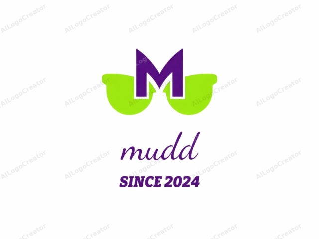 a stylized pair of glasses with an "M" emblem on the nose bridge. The glasses are depicted in a minimalist, modern design. The frames are predominantly green with a smooth, clean outline, and the lenses are a bold, vivid purple